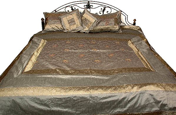Gray Sequined Bedcover with All-Over Embroidered Flowers and Zari Border