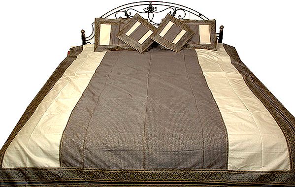 Gray Tanchoi Bedcover from Banaras with All-Over Weave
