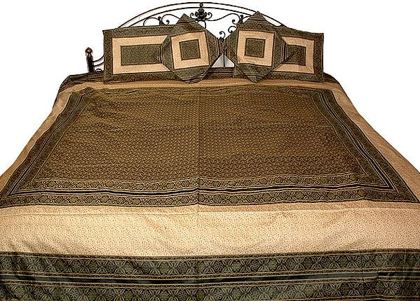 Green and Ivory Banarasi Bedcover with Tanchoi Weave