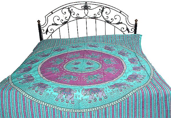 Green and Purple Bedspread with Printed Elephants