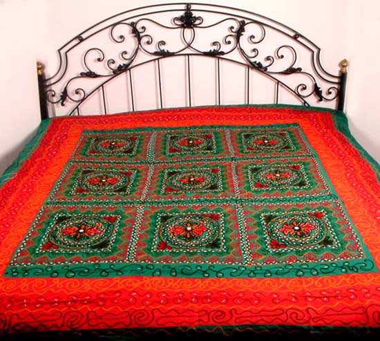 Green and Red Gujarati Bedspread with Mirror Work