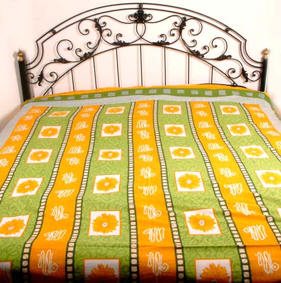 Green and Yellow Printed Bedspread