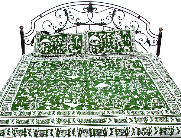 Green Bedspread with Hand Printed Folk Figures Inspired By Warli Art