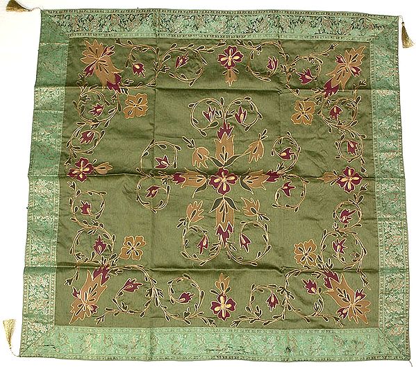 Green Floral Table Cover with Golden Thread Work and Brocaded Border