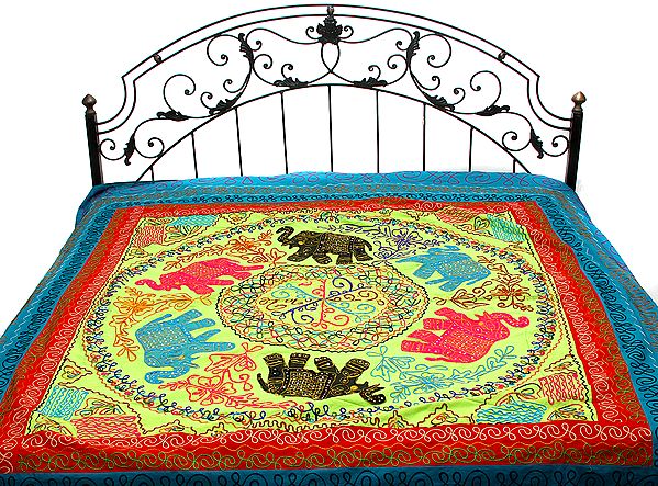 Green Glow and Blue Gujarati Bedspread with Applique Elephants and All-Over Embroidery