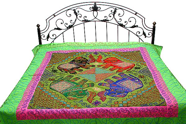 Green Gujarati Bedspread with Applique Elephants, Sequins and All-Over Embroidery
