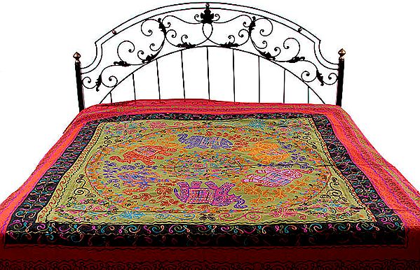 Green Gujarati Bedspread with Sequins and Six Appliqué Elephants