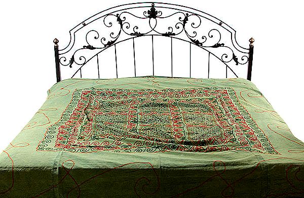 Green Gujarati Stonewashed Bedspread with All-Over Embroidery