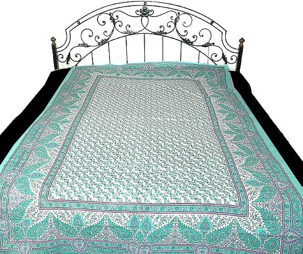Green on White Single Bedspread from Sanganer