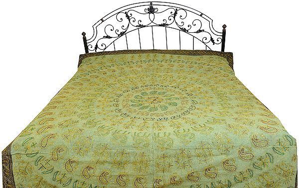 Green Stone-washed Bedcover from Gujarat with Ari Embroidered Elephants
