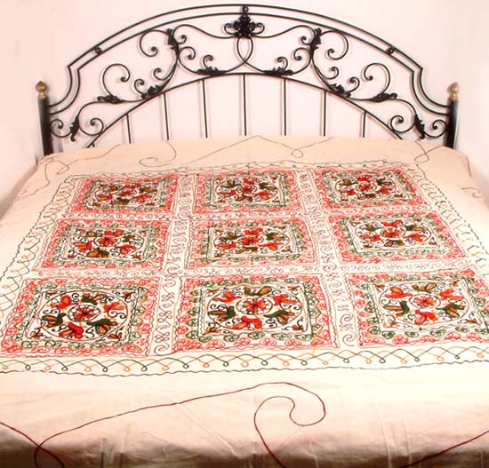 Hand-Embroidered Bedspread from Gujarat with Cushion Covers