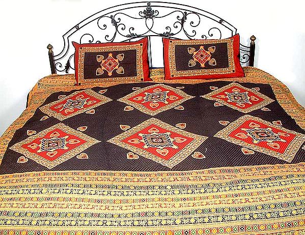 Hand-Printed Rajasthani Bedspread with Thread Work and Mirrors