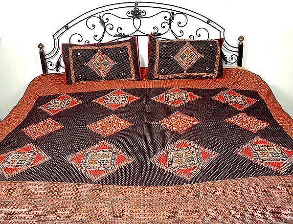 Hand-Printed Rajasthani Bedspread with Thread Work and Mirrors
