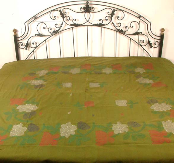 Henna Green Bedspread from Manipur with Floral Embroidery
