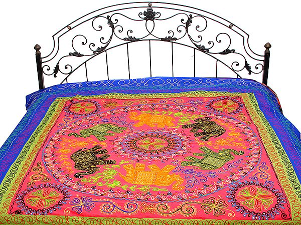 Holly Berry-Red and Blue Gujarati Bedspread with Appliqué Elephants and All-Over Embroidery