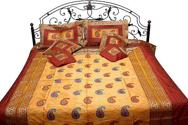 Honey Gold Banarasi Seven-Piece Bedcover with Embroidered Paisleys and Brocade Border