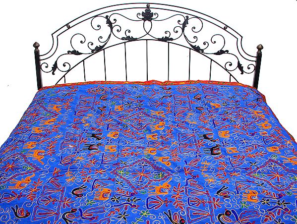 Imperial-Blue Gujarati Bedspread with All-Over Ari Embroidered Elephants