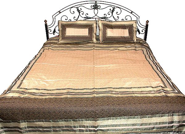 Ivory and Black Banarasi Bedcover with Tanchoi Weave