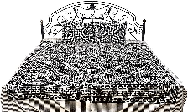 Ivory and Black Bedspread from Pilkhuwa with Modern Print