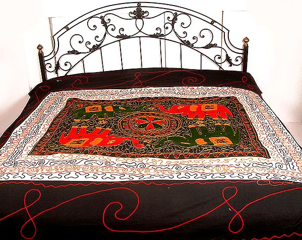 Ivory and Black Embroidered Bedspread with Elephant Motif