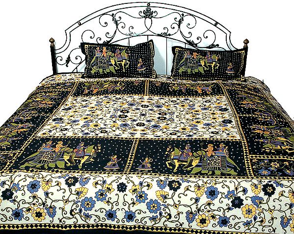 Ivory and Black Procession Bedspread