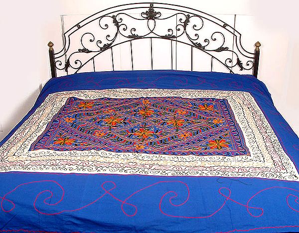 Ivory and Blue Bedspread with Multi-Color Embroidery