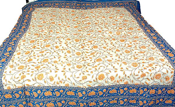 Ivory and Blue Floral Printed Jaipuri Quilt