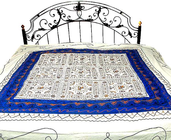 Ivory and Blue Gujarati Bedspread with All-Over Embroidery
