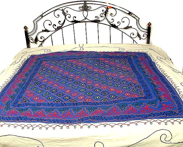 Ivory and Blue Gujarati Bedspread with All-Over Embroidery