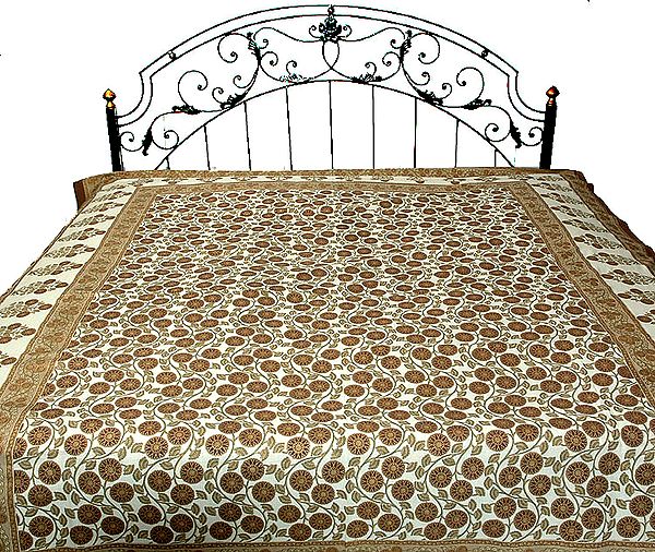 Ivory and Brown Floral Printed Bedspread with Golden Paint