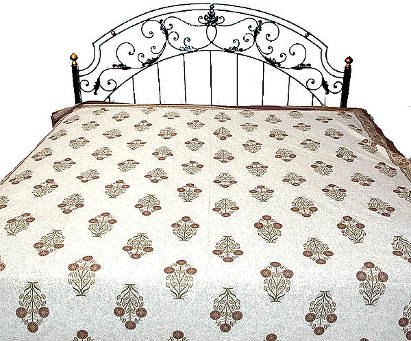 Ivory and Brown Floral Printed Bedspread with Golden Paint