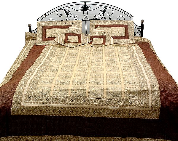 Ivory and Brown Seven-Piece Banarasi Bedcover with Woven Peacocks