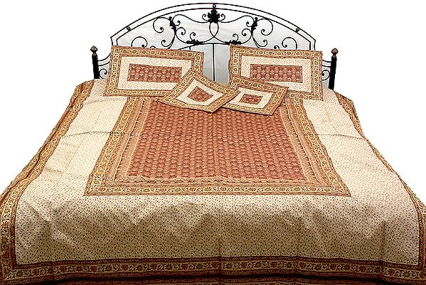 Ivory and Brown Tanchoi Bedcover from Banaras with Woven Auspicious Pots
