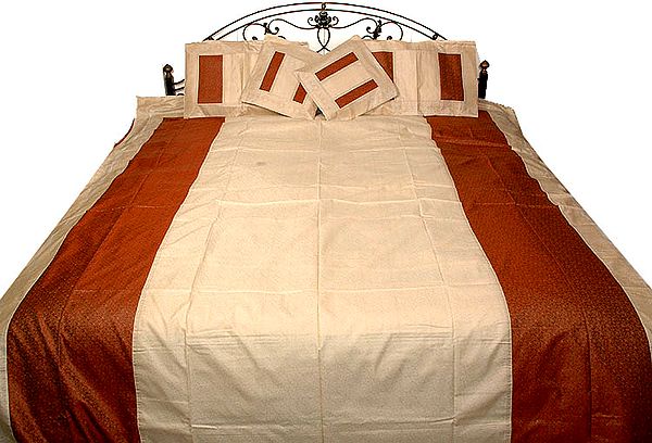 Ivory and Brown Tanchoi Bedcover from Banaras with All-Over Weave