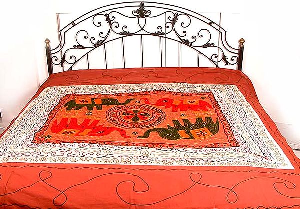 Ivory and Coral Embroidered Bedspread with Elephant Motifs