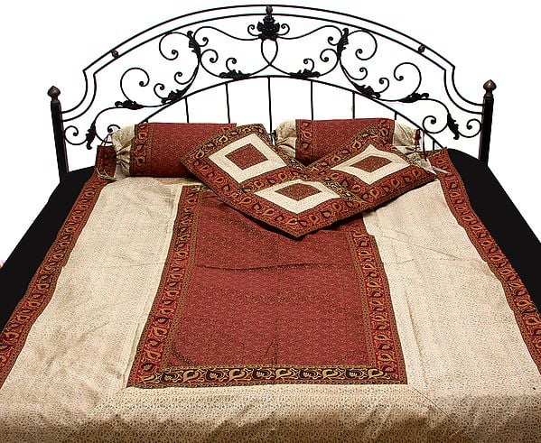 Ivory and Cordovan Banarasi Single Bedspread with Tanchoi Weave