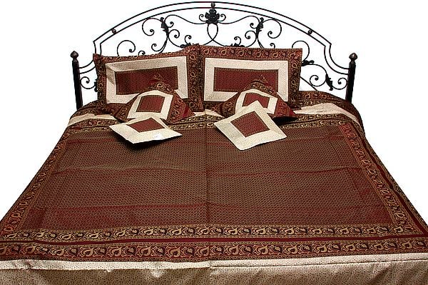 Ivory and Cordovan Banarasi Single Bedspread with Tanchoi Weave All-Over and Brocaded Border