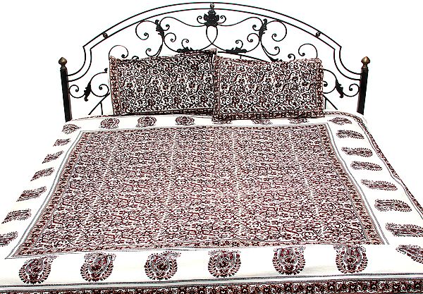 Ivory and Cordovan Bedspread From Pilkhuwa with Printed Flowers
