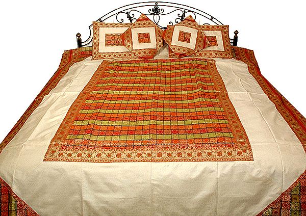 Ivory and Golden Banarasi Bedspread with Tanchoi Weave