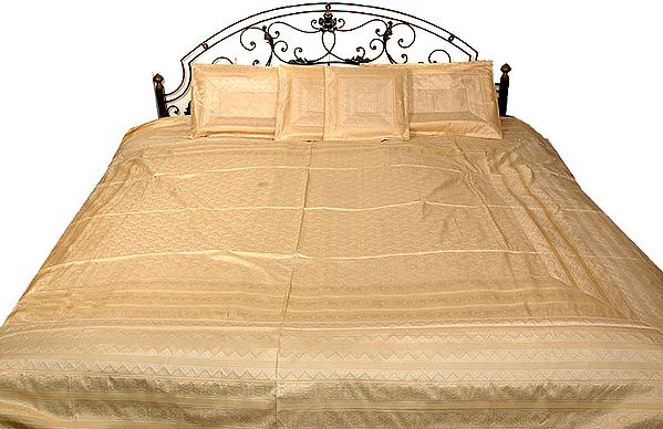 Ivory and Golden Seven Piece Banarasi Bedcover with All-Over Tanchoi Weave