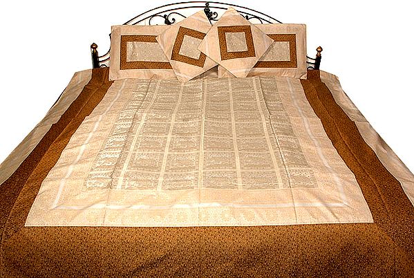 Ivory and Golden Seven-Piece Banarasi Bedcover with Woven Elephants