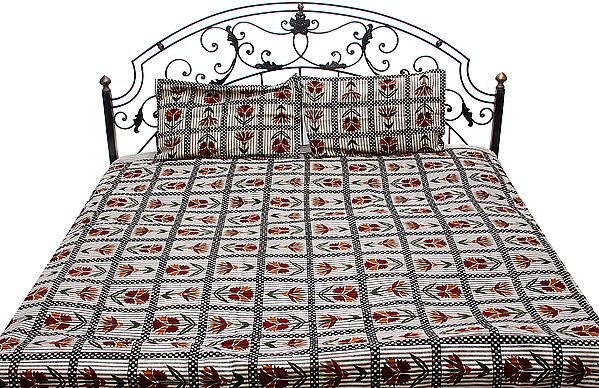 Ivory and Gray Block-Printed Floral Bedspread from Pilkhuwa