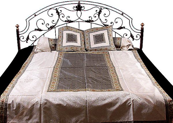 Ivory and Gray Five-Piece Single-Bed Banarasi Bedcover with Tanchoi Weave