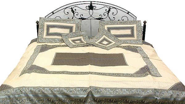 Ivory and Gray Seven-Piece Banarasi Bedcover with Woven Elephants and Peacocks on Border