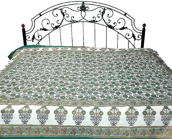 Ivory and Green Floral Printed Bedspread with Golden Paint
