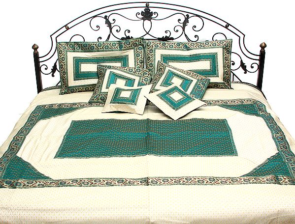 Ivory and Green Seven-Piece Banarasi Bedcover with Tanchoi Weave and Brocaded Border