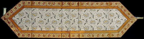 Ivory and Mustard Table Runner from Banaras with Embroidered Paisleys