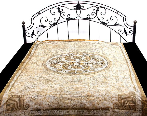 Ivory and Olive Batik Single-Bed Bedspread with Auspicious Fishes