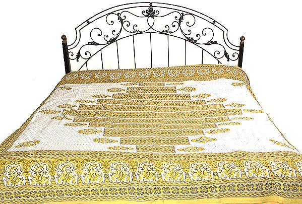 Ivory and Olive Floral Printed Bedspread from Sanganer