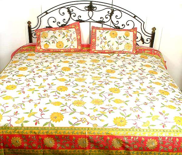 Ivory and Pink Floral Printed Bedspread with Silver Paint